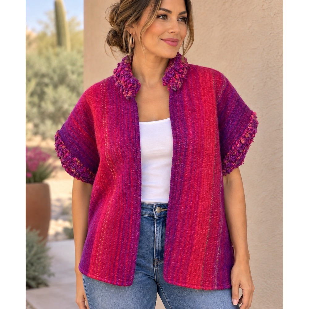 Wearable Art Pink Purple Textured Open Front Cardigan